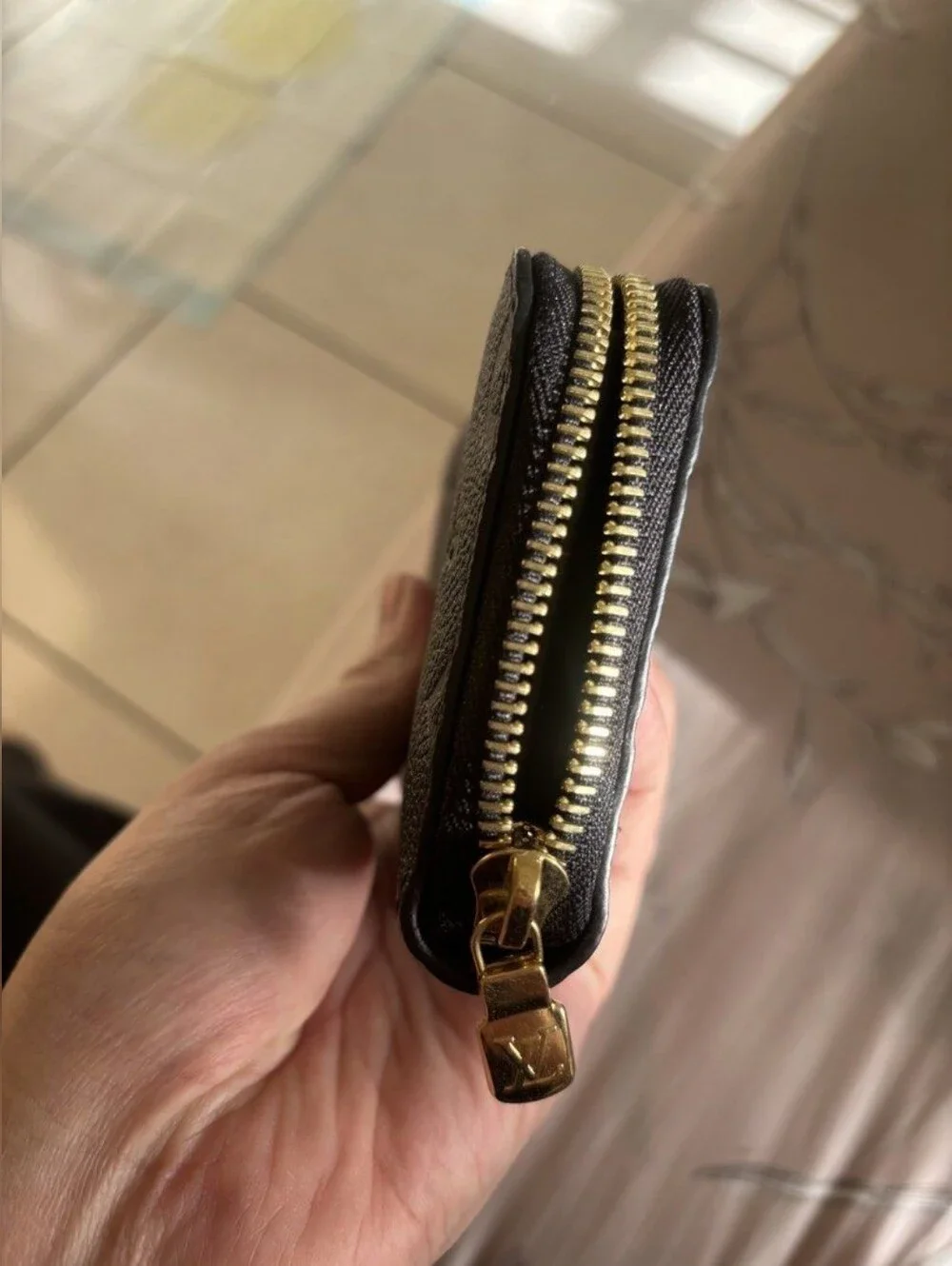 Louis Vuitton Black Embossed Monogram Zip Wallet with Gold Plate Accent